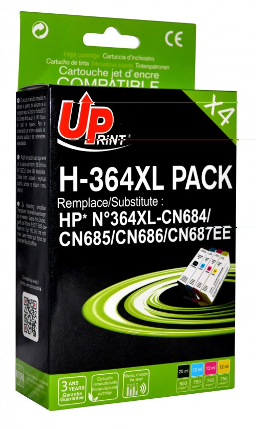 UP-H-364XL-PACK 4|HP CN684/5/6/7-N°364XL-REMA-NEW CHIP 2 (BK+C+M+Y)