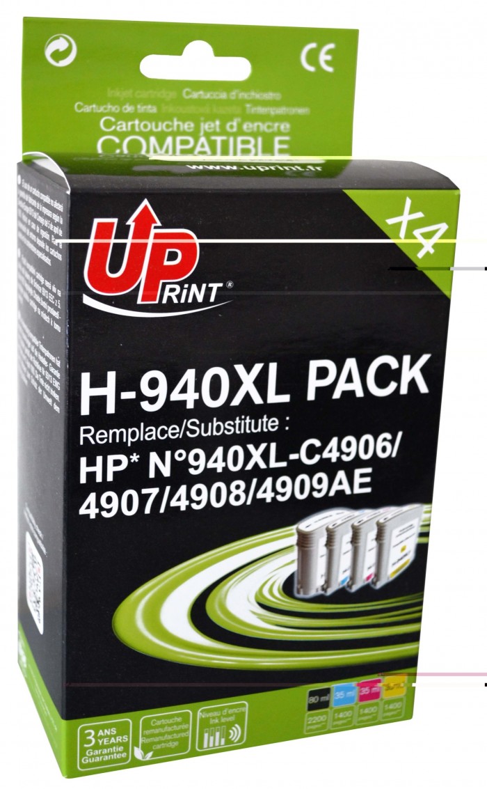 UP-H-940XL-PACK 4|HP C4906/4907/4908/4909-N°940XL-REMA (BK+C+M+Y)